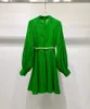 Casual Dresses Cotton Embroidery Women Green White Long Sleeve Dress With Pearls Button Sticked Belt