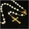 Anhänger Halsketten Religiöser Schmuck 8mm Jesus Christus Weiße Perle Katholisches Kreuz Rosenkranz Halskette Drop Lieferung Anhänger Dhozn
