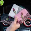 Ny äkta läderförarens licenshållare Rose Flower Diamond Crystal Car Key Bag Wallet Purse Kvinnor Kreditkortsfodral