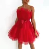 Abiti con spalle scoperte Abito tutù in tulle a rete Abito da donna con top a tubo con fiocco Abiti da cerimonia per feste da sera per matrimoni Mini abito femminile da damigella d'onore