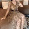 Casual Dresses Elegant Ladies Long Sleeve V Neck Maxi For Women Korean Fashion Retro Spring 2023 Mesh Ruffled Polka Dot Design Dress