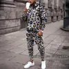 Herrspåriga Leopard Print Print Men's Sweatpants Tracksuit 2 Piece Set 2023 Autumn Winter Long Sleeve Fleece Hoodie+Long Pants Street Swear Clothes T230601