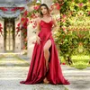 Sukienki Burgundowe proste druhna damskie dżinsowe naszyjnik seksowna strona szycia bez pleców maxi satynowa spaghetti ramię w paski weselne sukienka P230531