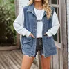 Femmes gilets femme mode décontracté Denim gilet moyen Long manteau col rabattu sans manches veste Rave vêtements d'extérieur