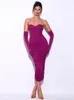 Abiti casual Ailigou 2023 Abito da donna sexy senza spalline esposto viola maxi lungo stretto pieghettato con diamanti Abiti da sera eleganti da club