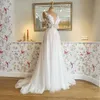 Modern broderad applikation Boho bröllopsklänningar avtagbara ärmar sommar brudklänning ren hals transparent kjol tyll vestidos de novia 326