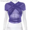 T-shirt Femme Q23TP130 Style Violet Nouvelle Mode Taille Col V Cravate Maille Légèrement Transparent T-shirt Manches Courtes Femme Été T230601