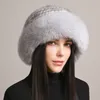 Women's Real Mink Fur Hat Knitted Bowler Hat Top Hat Winter Warm Outdoor Beanie Cap W Fox Fur Brim