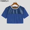 INCERUN Moda Casual Estilo Novo Men's Respirável Mesh Camiseta Crop Tops Manga Curta 2023 Patchwork Cropped T-Shirts S-5XL L230520