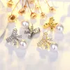 Oorknopjes Luxe 14K Echt Vergulde Boog Voor Vrouwen Delicate Micro Ingelegd Cz Bruiloft Parels Hanger Sterling Zilveren Sieraden