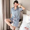 Vrouwen Nachtkleding Dame Zomer 2 Stuks Ijs Zijde Pyjama Sets Korte Mouw ShirtShorts Nachtkleding Lounge Turn-down Kraag homewear Mode
