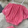 Pantaloni a due pezzi da donna Set di colori sfumati casual Cinturino in vita corto Manica a bolle Top Gamba larga a pieghe alte Due pezzi