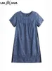 Tops Lih Hua Women's Plus Size Denim Dress Summer Casual Cotton Woven Short Sleeve Round Neck Dress