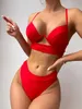 2023 New Women's 2 PCS Swimsuit Ladies Bikini مجموعة ألوان صلبة بلا أكمام دفعت أعلى صدرية مبطنة