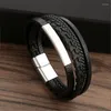 Link Bracelets Woven Leather Rope Wrap Special Style Classic Stainless Steel Men's Bracelet Double-layer Design DIY Customization