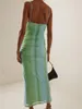 Casual Dresses Women Green Tie Dye Skinny Sling Long Spaghetti Straps Sleeveless Backless Satin Slip Bodycon Dress