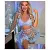 Conjuntos de sutiãs de penas Lingerie Borboleta Roupa íntima feminina Transparente Sexy Sem Sensação Roxo Tangas 3 peças Renda extravagante Íntimo Gota Dhgsf