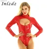 Femmes Lingerie Sex Body One-piece Wet Look En Cuir Verni Sex Costume Mock Neck Sein Évider High Cut Justaucorps Body L230518