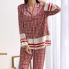 Vrouwen Nachtkleding Houndstooth Pamas Set Paar Satijn 2 Stuks Shirtpant Lange Mouw Nachtkleding Pijamas Pak Losse Womenmen Thuis