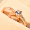 Banda Anéis Luxo Feminino Cristal Zircão Conjunto Anel De Casamento Rosa Ouro Cheio Moda Jóias Promessa Amor Noivado Para Mulheres