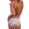 Damen-Bademode, Damen-Sommer-Strampler mit schmaler Passform, ärmellos, Rüschenbesatz, Blumen-Badeanzug