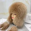 Kvinnor Real Fox Fur Hat Russian Ushanka Trapper Hat Top Hat Sticked Warm Outdoor Ski Cap