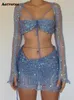 Fashion Sequins Hollow Out Sticked Four Piece Set Women Slim Strapless Crop Top High midja