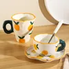 Mugs Handmade Irregular Ceramic Coffee Cup And Saucer Set Flower Painted Breakfast Milk Tea Juice Mug With Handle Gift Restaurant Use