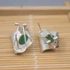 Boucles d'oreilles à tige en argent sterling S925 pur pour femme feuille de calcédoine verte mode levier 15 13 mm