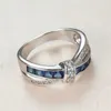 Banda Anéis Luxo Feminino Azul Cristal Anel Charme Cor Prata Casamento Para Mulheres Bonita Noiva Bowknot Zircão Noivado