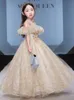 Gold Ball Pink Flower Girls Dresses For Weddings Off Shoulder Hand Made Flowers Long Birthday Children Girl Pageant Bridesmaid Dress Sequined Shiny Gown 403