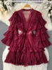 Casual Dresses Women Spring Autumn Dress 2023 Mid Length Cake Multilayer Woolen Ruffle Flare Sleeve Sticked Temperament Vestidos D2172