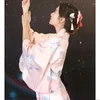 Etnik Giyim Kadınları Japon Geleneksel Kimono Baskılı Yukata Boşluk Beyaz Obi Sahne Gösterisi Performans Dans Cosplay Kostüm