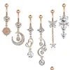 Кнопка пупок Bell Rings 6pcs/Set Women Crystal Zircon Moon Heart свисает пронзительное кольцо живота, кузов, выпадает в Dhmjq