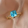 Bandringe Luxus Weiblicher Kristall Blauer Ring Gelbgold Farbe Hochzeit Für Frauen Niedliche Braut Quadratischer Zirkon Verlobung