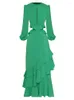 Robes Décontractées 2023 Printemps Designer De Mode Sexy Robe En Couches Femmes Lanterne Manches Évider Volants Rouge Vert Haute Qualité Dames Partie