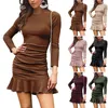 Casual Kleider Frauen Frühling Kleid Einfarbig Plissee Rüschen Slim Fit Rundhals Warm Lange Ärmel Weiche Gestrickte Herbst Weibliche kleidung