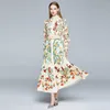 Grundläggande avslappnade klänningar Autumn Runway Maxi Dress Women's Long Sleeve Stand Gorgeous Flower Print Long Dress Kvinnliga knappar Up Sashes Holidays Dress 230531