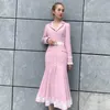 Robes décontractées dames bureau robe élégante 2023 printemps Slim Fit Sexy fendu trompette concepteur ceintures simple boutonnage mode rose