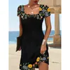 Basic Casual Dresses Summer Women's Wavy Neck Print Short-sleeve Dress Elegant Casual Floral Theme Printed Female Fashionable Knee Length Dress 230531