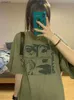 Qweek Y2K Grunge Графическая футболка Green Top Corean Fashion Harajuku негабаритные женщины Tees 90-х