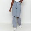 Jeans Femme Classique Décontracté Denim Poches Pantalon Droit Pantalon Taille Moyenne Bleu Filles Coupe Distressed
