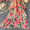 Basic Casual Dresses Banulin Runway Spring Summer Vacation Dress Women Elegant Bat Sleeve Rose Print Bohemian Lady Chiffon Long Maxi Dress N76637 230531