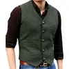 Mäns kostymer Grön svartblå formell affärsväst V Neck Wool Herringbone Tweed Men's Suit Casual Waistcoat för bröllopsbrudgum Party