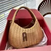 Handbag Summer Straw Bag Vegetable Basket Half Moon Shoulder Bags Hollow Out Rattan Weaving Leather Travel Beach Purse Cell Phone Pocket Removable Strap Cross Body