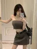 Work Dresses Girl Suit Women's Sexy Grey Strapless Vest Short Top Summer High Grade Mini Skirt Two-piece Set Fashion Female Clothes