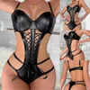 Seksi Bodysuit Lingerie Kadın Siyah Erotik Deri Örgü İç Çamaşır Teddies Hollow Out Vücut Seks Takımları Kadın Pijama Setleri Kostümler L230518