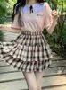 Work Dresses Skirt Sets Ladies 2023 Summer Pink Big Lapel Girl T-shirt Top Plaid Pleated Suit Two Piece Womens Outifits