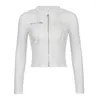 Kvinnorjackor 2023 Autumn White Zip Up Hooded Women Solid Ribbed Basic Long Sleeve Tops Chic Bags Design Casual Sweats Shirts