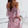 Basic Casual Dresses Women Floral Print Dress Summer Sexy Off Shoulder Ruffle Short Sleeve Dress Vestidos Elegant Casual Spaghetti Strap Dresses 230531